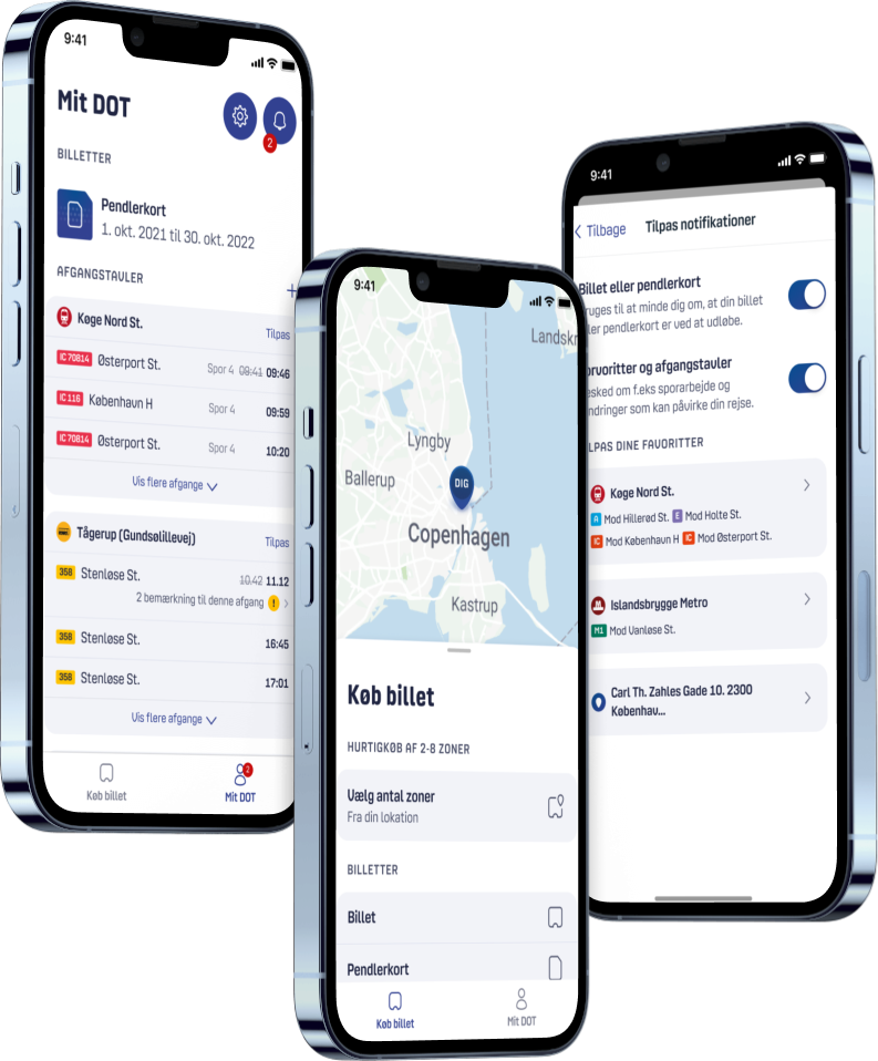Drei mobile Telefone zeigen die App von DOT